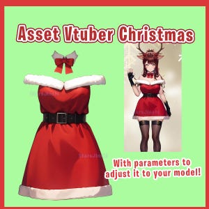 May include: A red and white Christmas dress with a white fur trim, a black belt, and a red bow. The dress is shown on a white background with the text "Asset Vtuber Christmas" and "With parameters to adjust it to your model!"