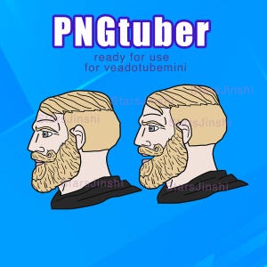 Könnte beinhalten: Zwei Cartoon-Illustrationen eines Mannes mit blondem Haar und Bart, im Profil, vor blauem Hintergrund. Der Text "PNGTuber" steht oben, darunter "ready for use for veadotubemini".