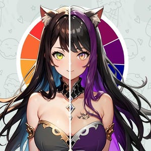 May include: Digital illustration of a split-faced anime-style character with cat ears. One side features green eyes and black hair with blue highlights, the other side has orange eyes and purple hair. The character wears a black and gold outfit.