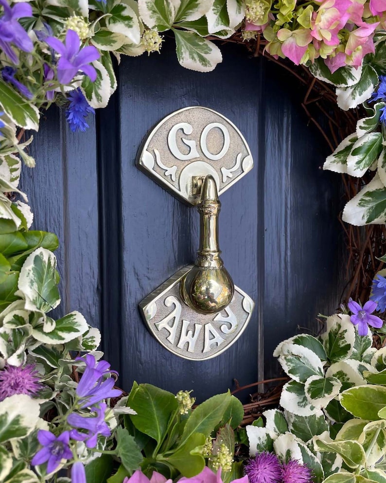 GO AWAY Door Knocker Available in 5 finishes Handmade front door hardware Unique Brass door knockers Funny door knockers image 4