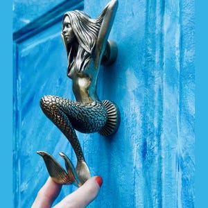 Brass Mermaid Door Knocker | Artisan Cast | Heirloom Nautical Home Accent | Sculptural Front Door Decor | Eco-Friendly Sea Creature Gift