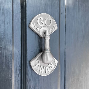 GO AWAY Door Knocker Available in 5 finishes Handmade front door hardware Unique Brass door knockers Funny door knockers Matt Nickel