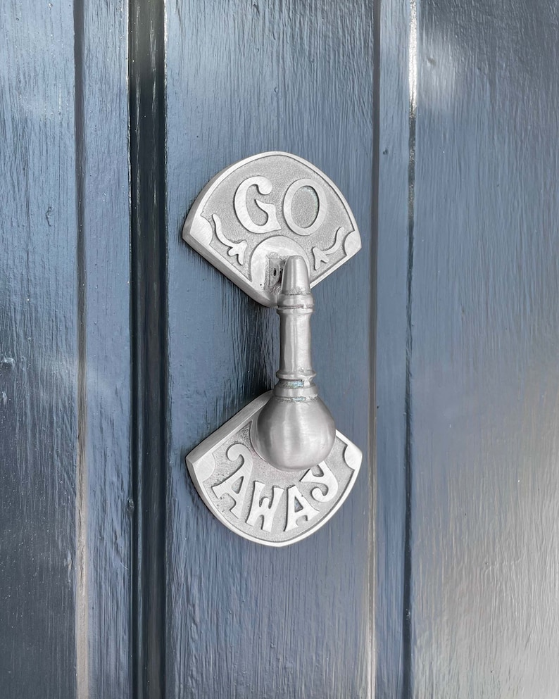 GO AWAY Door Knocker Available in 5 finishes Handmade front door hardware Unique Brass door knockers Funny door knockers Matt Nickel