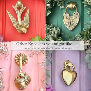 May include: Four different door knockers in various styles. A gold bird knocker, a gold heart-shaped padlock knocker, a gold frog knocker, and a gold heart-shaped knocker. The text "Other Knockers you might like... Head over to our our shop to view full range" is displayed below the knockers.