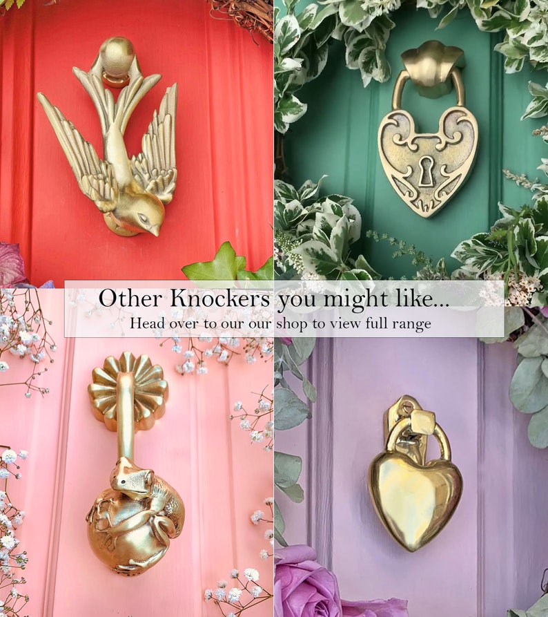 May include: Four different door knockers in various styles. A gold bird knocker, a gold heart-shaped padlock knocker, a gold frog knocker, and a gold heart-shaped knocker. The text "Other Knockers you might like... Head over to our our shop to view full range" is displayed below the knockers.