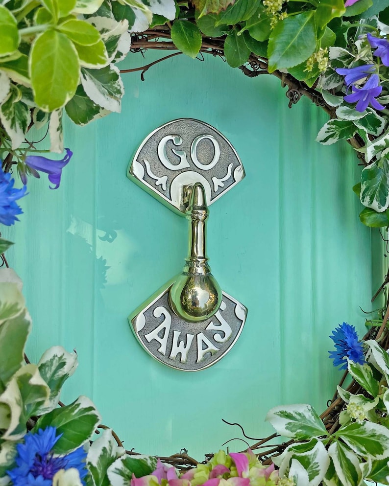 GO AWAY Door Knocker Available in 5 finishes Handmade front door hardware Unique Brass door knockers Funny door knockers Polished Brass