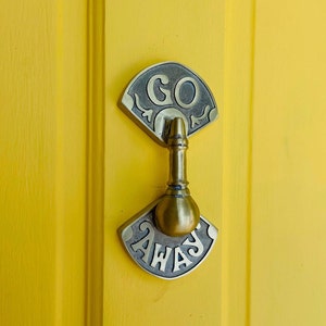 GO AWAY Door Knocker Available in 5 finishes Handmade front door hardware Unique Brass door knockers Funny door knockers Unlacquered Brass