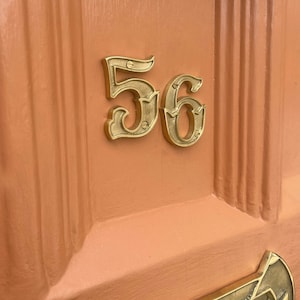 May include: A close-up of a peach-colored door with a brass house number "56" attached. The number is in a decorative, ornate font.