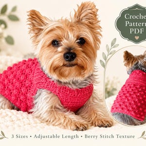 Puede incluir: Un perro pequeño con un suéter de ganchillo rosa brillante con un patrón de textura de punto de baya. La imagen incluye el texto Crochet Pattern PDF, 3 Sizes, Adjustable Length y Berry Stitch Texture.