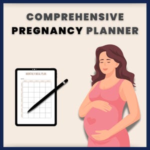 Puede incluir: Ilustración digital de una persona embarazada con un vestido rosa, con un corazón en el vientre. Una tableta con una cuadrícula de plan de comidas mensual y un lápiz óptico están a la izquierda. El texto "COMPREHENSIVE PREGNANCY PLANNER" está en la parte superior.