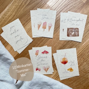 Set aus sommerlichen Minikarten aus Graspapier mit Aquarellmotiven für Grußbotschaften | 10 Geschenkekärtchen Sommermix für Gastgeberinnen