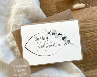 Einladungskarte Konfirmation Eukalyptus aus Kraftpapier mit Umschlag | Fischmotiv Aquarelldesign | Einladung besondere Konfirmationsfeier