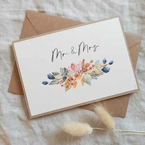 Handgemachte Hochzeitskarte DIN A6 | Karte zur Hochzeit mit Blumenaquarell | mit Nachname personalisierbar | Mr. und Mrs.