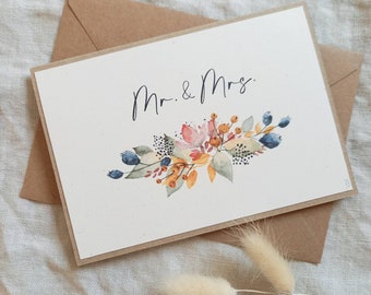 Handgemachte Hochzeitskarte DIN A6 | Karte zur Hochzeit mit Blumenaquarell | mit Nachname personalisierbar | Mr. und Mrs.