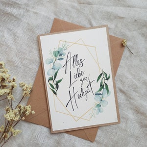 Glückwunschkarte zur Hochzeit DIN A6 | handgemachte Hochzeitskarte mit modernem Eukalyptusmotiv | personalisierbar | rustikaler Boho Stil