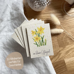10er Set Mini Osterkarten mit Narzissen | Graspapierkarten Miniformat für Ostern | Geschenkanhänger Osterglöckchen