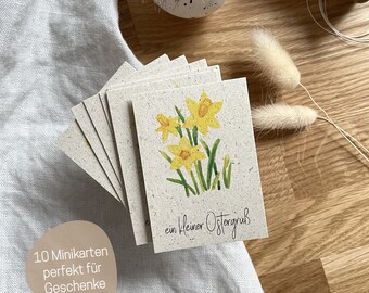 10er Set Mini Osterkarten mit Narzissen | Graspapierkarten Miniformat für Ostern | Geschenkanhänger Osterglöckchen