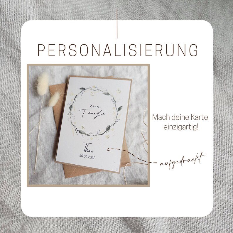 personalisierbare Taufkarte Blumenkranz pastell Farben für Mädchen und Jungen Kraftpapier DIN A6 Umschlag Aquarell zarter Blumenkranz Bild 4