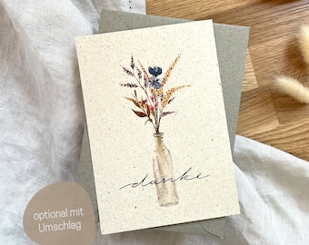 Postkarte danke mit Blumenvase Aquarell | Graspapierkarte zum Danke sagen | Postkarte aus Graspapier Dankeschön | nachhaltige Karte