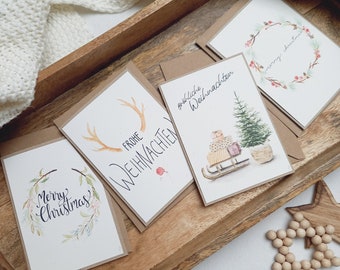 Weihnachtskarten Set 4 Aquarellkarten DIN A6 mit Umschlag | Set Weihnachten modern | Kartenpaket handgemacht | Kränze, Tannenbaum, Rentier