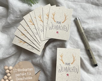 Mini Geschenkkarten für Weihnachtsgeschenke aus Graspapier | 10 Mini Karten mit Rentier | kleine Weihnachtskarten | weihnachtliche Hangtags