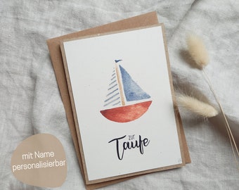 Taufkarte mit Name aus Kraftpapier DIN ' A6 mit Umschlag | Aquarellmotiv Segelboot in blau und rostrot | nachhaltiges Taufgeschenk Patenkind