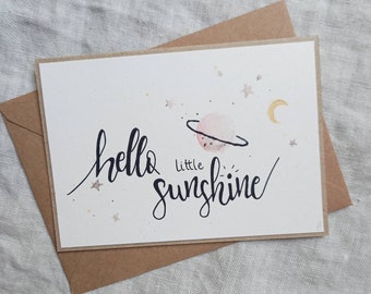 Geburtskarte mit Aquarellmotiv DIN A6 mit Umschlag | Karte Geburt Baby | Planeten und Sterne | hello little sunshine