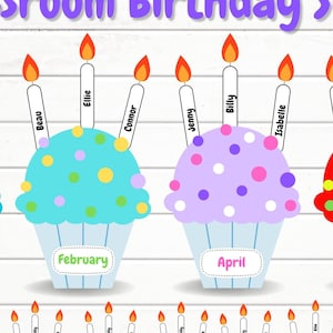 Classroom Birthday display sign, a class birthday board with rainbow cupcakes. A class birthday sign, perfect teacher classroom decor.