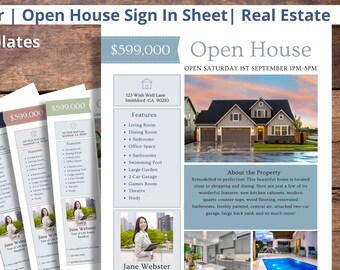 Open House Flyer Vorlage, einfach zu verwendende Immobilien-Flyer-Vorlage, ein perfektes Makler-marketing-Tool, das Open House-Anmeldeblatt enthält