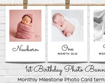 First birthday milestone photo banner cards to celebrate baby's first year. Monthly milestone photo card collage template