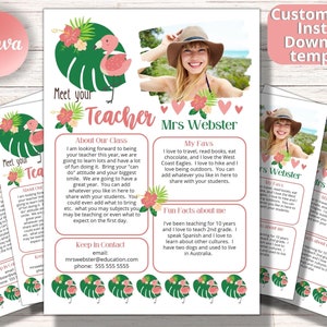 Meet the Teacher Template canva, a back to School teacher letter, flamingo theme. Meet the teacher editable template, printable template