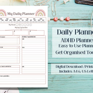 Boho Rainbow ADHD Daily Planner / Daily Planner, easy to use daily organisation. Planner includes appointments, to do lists, habit tracker