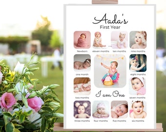 Baby's eerste jaar verjaardag fotocollage afdrukbare en bewerkbare poster. Voeg voor elke maand de foto van je baby toe om een prachtige poster te maken.