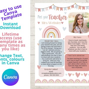 Plantilla editable Boho Rainbow Meet the Teacher, una carta de regreso a la escuela en un tema Boho Rainbow Bunting. Carta del profesor fácil de usar