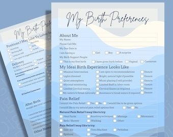 Szablon Boho Birth Plan, edytowalny, komunikuj swoje preferencje dotyczące porodu z łatwością za pomocą dwóch różnych checklist planu porodu. Do druku