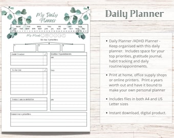 Daily Planner or an ADHD Daily Planner, perfect daily organisation. Planner includes appointments, to do lists, habit tracker | Eucalyptus