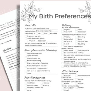 Puede incluir: Una lista de preferencias de parto imprimible con secciones para el parto, el ambiente, el manejo del dolor y el posparto. La lista incluye opciones para el parto vaginal, el parto en agua, el VBAC, la cesárea y varias posiciones para el trabajo de parto. También incluye opciones para el manejo del dolor, como compresas calientes, masajes y técnicas de respiración.