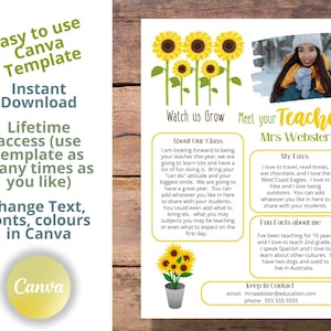 Conozca la plantilla canva para maestros, una carta para maestros de regreso a clases, con tema Girasol. Plantilla editable de Conoce al profesor, plantilla imprimible