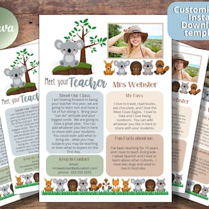 Conozca la plantilla para maestros Canva, una carta para maestros de primaria de regreso a clases, plantilla editable, plantilla imprimible, animales australianos