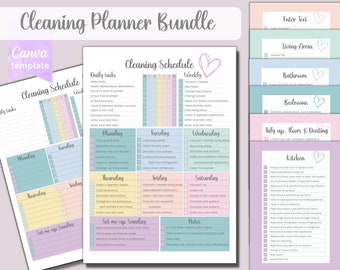 May include: A printable cleaning schedule planner bundle with a pink, blue, and yellow color scheme. The bundle includes a weekly cleaning schedule, daily tasks, and checklists for different areas of the home, such as the kitchen, bathroom, bedrooms, and living areas.