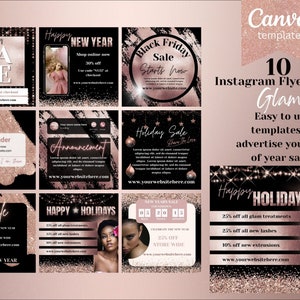 Folhetos de modelo do Instagram em ouro rosa. Anuncie suas vendas de fim de ano e vendas da Black Friday com essas predefinições fáceis de usar do Instagram.