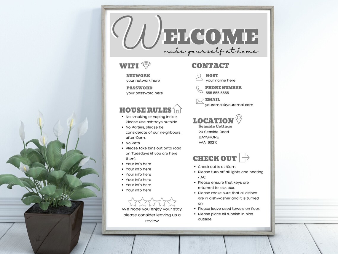Welcome Message For Rbnb AIRBNB Welcome Sign Template, Guest Information for Your Airbnb ...