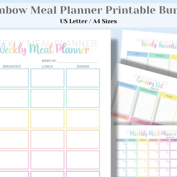 Rainbow weekly meal planner printable, Organise your weekly meal plan with this weekly meal plan & grocery list bundle. Meal Plan PDF