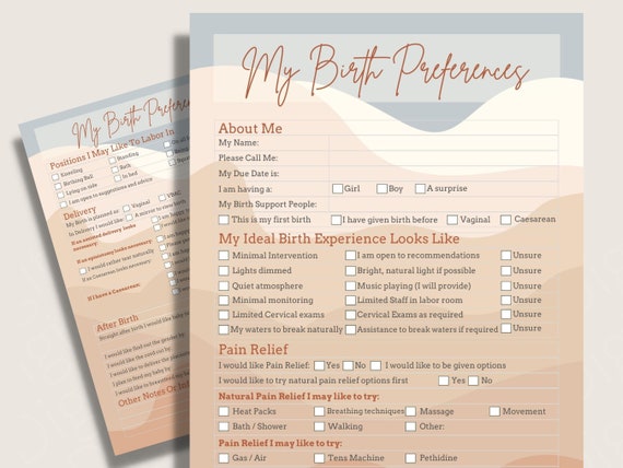 Boho Birth Plan template, editable, communicate your birth preferences easily with two different birth plan checklists. Printable