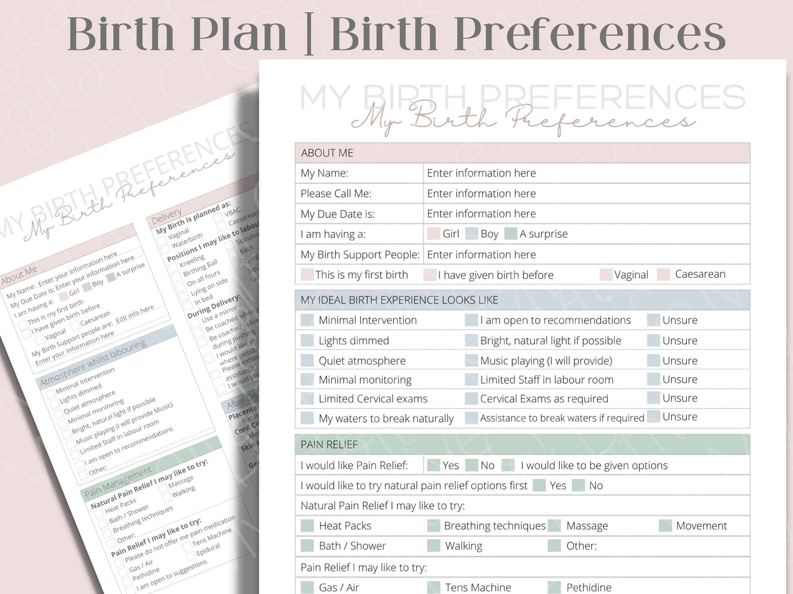 Two Different Checklists Birth Plan Template, Editable, Communicate Your Birth Preferences ...