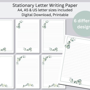 Juegos estacionarios de escritura de cartas, impresión botánica imprimible, papel estacionario, descarga digital, papeles de escritura JW Letter, papel rayado