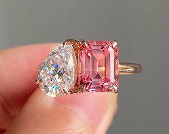Pear & Pink Emerald Moissanite Toi Et Moi Engagement Ring Promise Vintage You And Me Wedding Ring For Her 18K Yellow Gold Two Stone Ring
