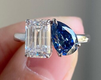 Royal Blue Pear & Colorless Emerald Cut Moissanite Toi Et Moi Ring/ 18K White Gold You And Me Ring/ Trendy Promise Anniversary Ring For Her