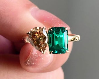 Pear And Emerald Cut Toi Et Moi Moissanite Ring/  14K Solid Gold Moissanite Ring/  Yellow Gold Anniversary Ring/ Two Stone Ring For Women