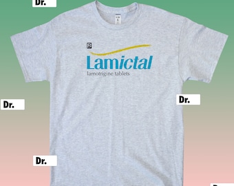 May include: A gray t-shirt with a blue and yellow graphic of the text "Lamictal lamotrigine tablets" on the front.